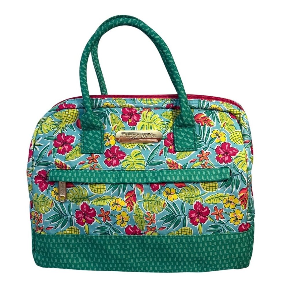 Tupperware Lunch Bag Insulated Tropical Floral Handles & Zipper Green Multicolor